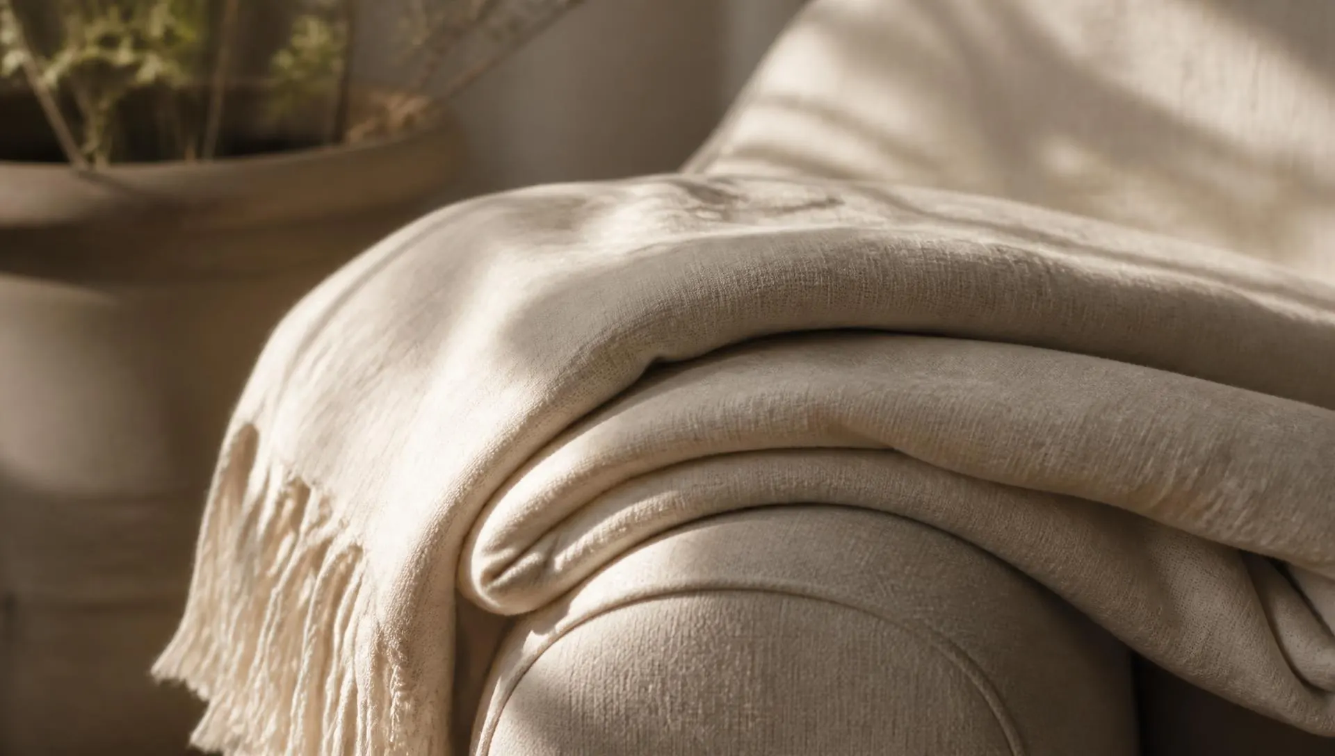 A folded cream linen blanket over the arm of a chair in warm light, somatic therapy in Virginia