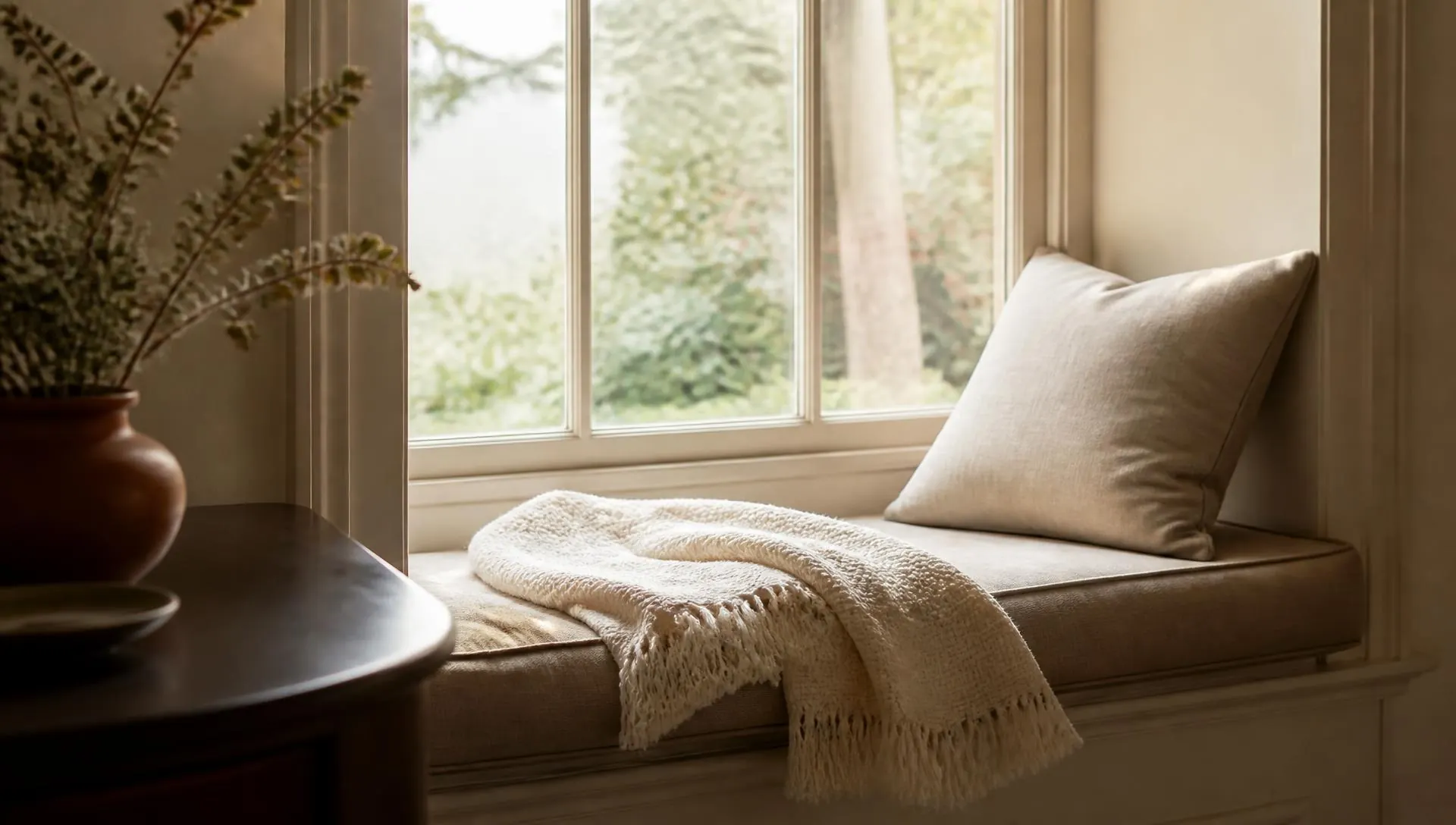 A window seat with a folded blanket in afternoon light, child and adolescent therapy in Virginia