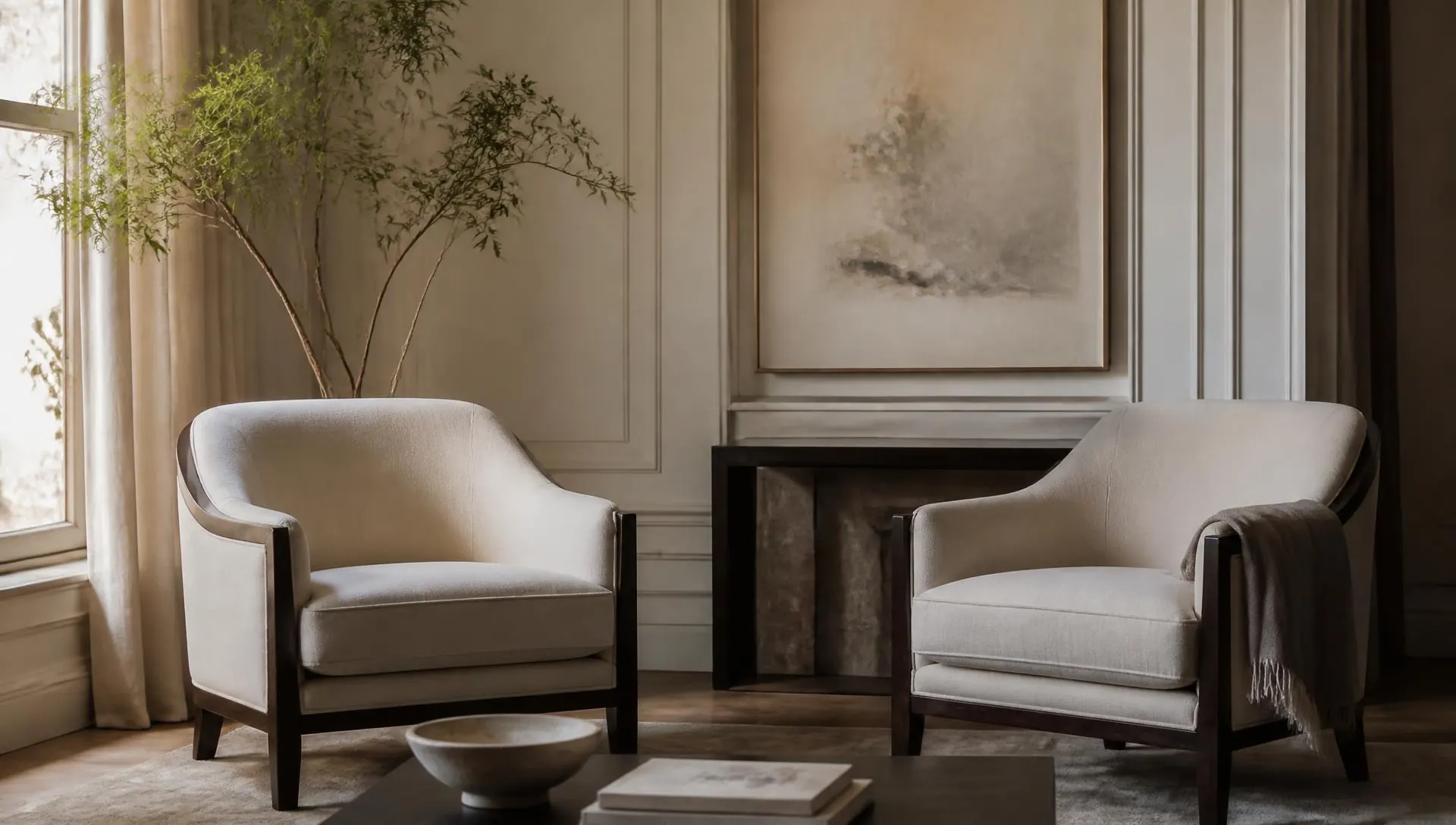 Two armchairs angled toward each other in warm daylight, individual therapy at Harlan Therapy