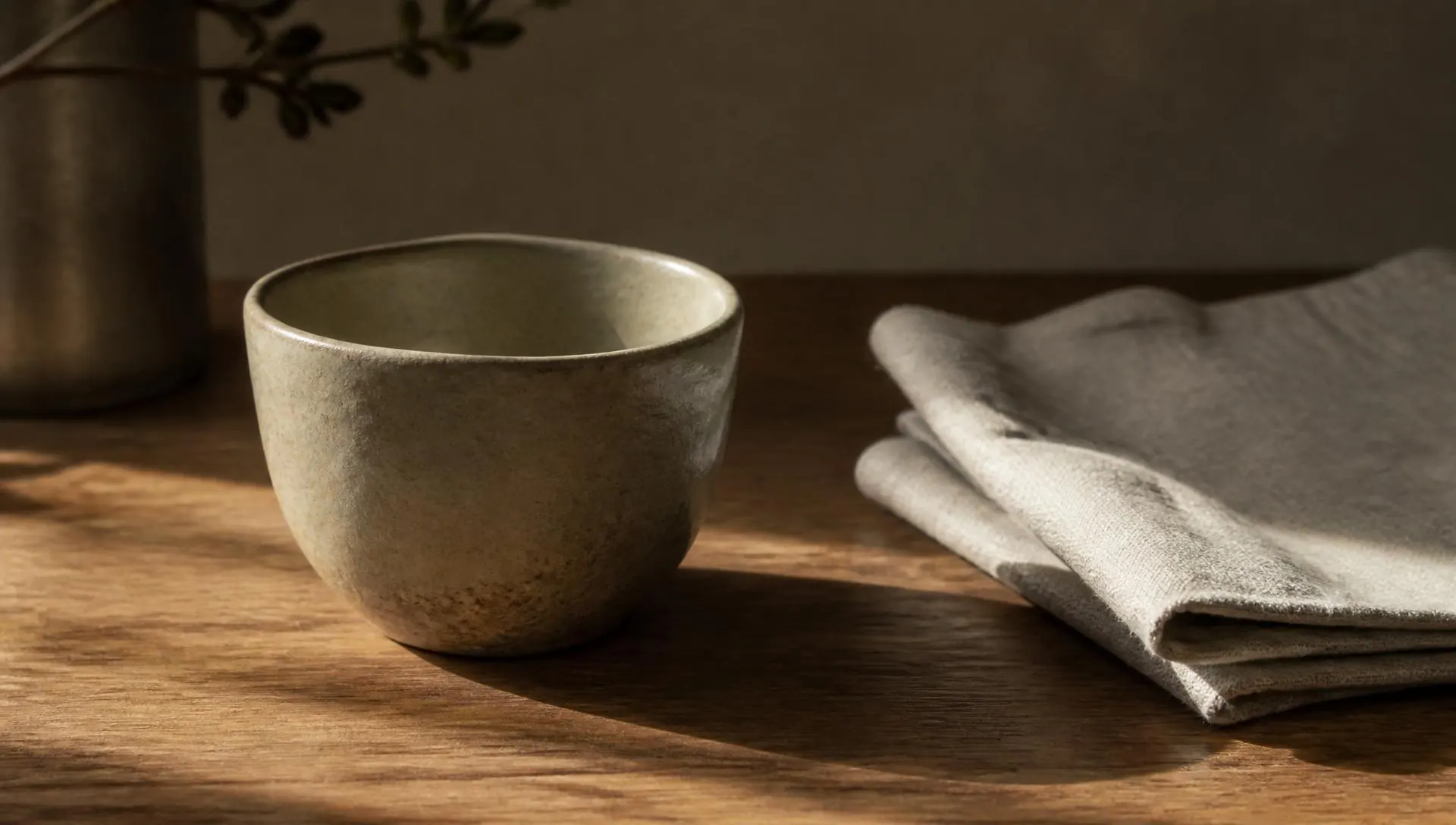 A ceramic cup and folded linen on a wooden table in low light, private pay therapy in Virginia
