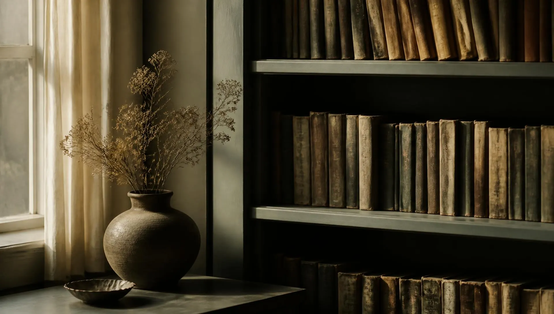 Old books on a shelf in quiet lamplight, intergenerational trauma therapy in Virginia