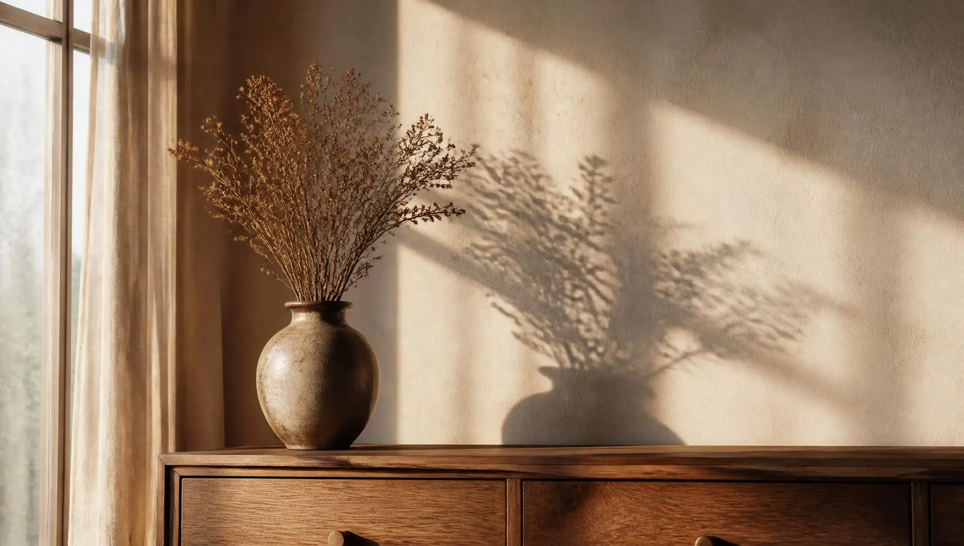 A ceramic vase of dried stems casting a soft shadow, therapy for matrescence and identity shift in Virginia