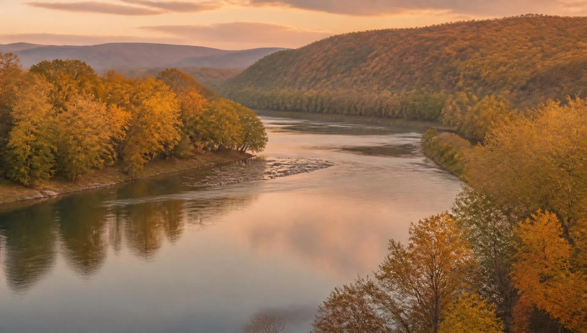A Virginia river bend in soft golden light, the areas Harlan Therapy serves