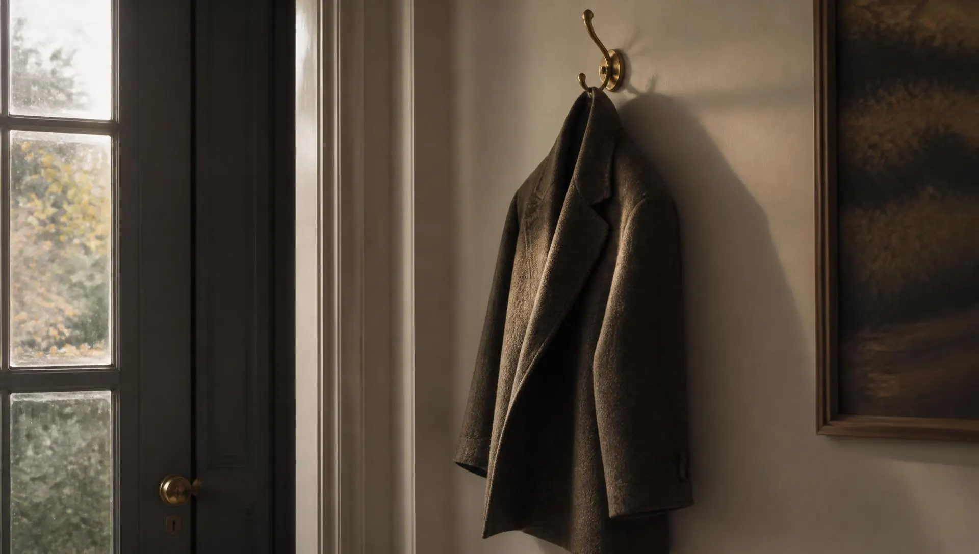 A wool coat on a brass hook by a door in evening light, therapy for therapists and helping professionals in Virginia